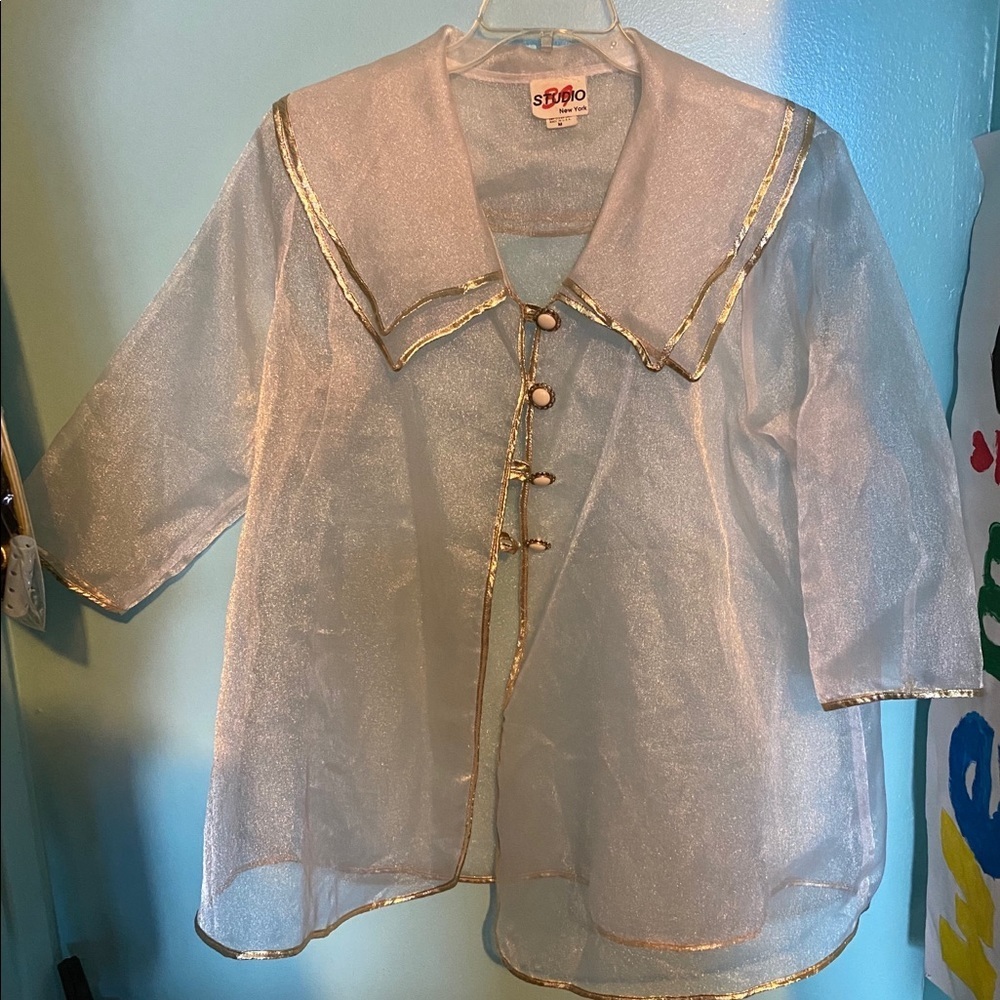 White and gold linen transparent blouse